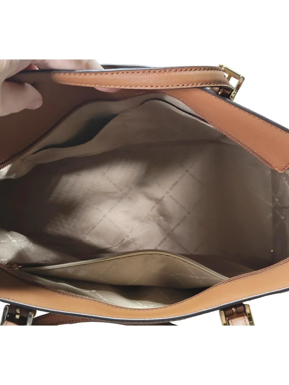 Michael Kors Brown Saffiano Medium Tote Zip Top Gold Hardware Charm Pockets